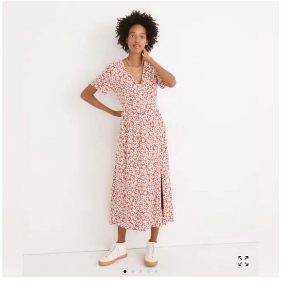 Madewell Clara Midi Dress Falling Daisies Surplice Short Sleeve Orange Sz XXL - Picture 1 of 13